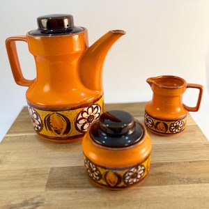 Vintage Winterling Germany Coffee Pot Set – Mod Orange Ceramic with Hand-Painted Florals – Coffee Pot, Creamer & Sugar Bowl – 1970s Germany