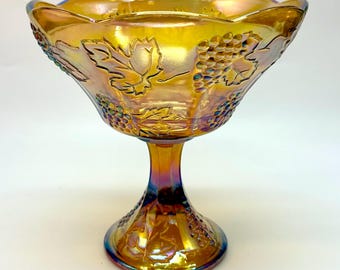 Vintage Amber Carnival Glass Compote Harvest Grape Indiana Glass Pedestal Candy Dish Iridescent Marigold Fruit Bowl Retro Decor