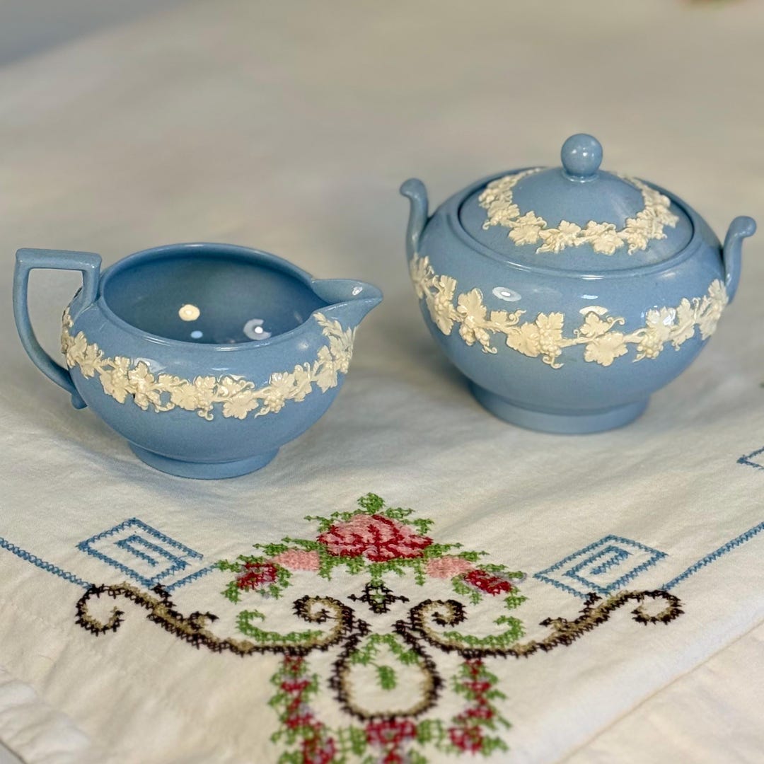 Queensware Cookware Wedgwood Embossed Queensware Blue Creamer and Covered Sugar Bowl Set ...