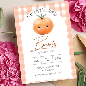 Little Cutie Birthday Invitation | Orange Fruit Party Theme | Gingham Printable Invite | Editable Template | Any Age Digital Download