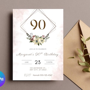 Faire-part 90e anniversaire pour femme | Invitation florale modifiable | Modèle d'anniversaire numérique élégant | 80e 70e fête marquante | Conception de toile