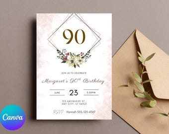 May include: A 90th birthday invitation with a watercolor background. The invitation features the number 90 in gold, a floral arrangement, and event details. The RSVP information is included. An envelope with greenery is in the background.