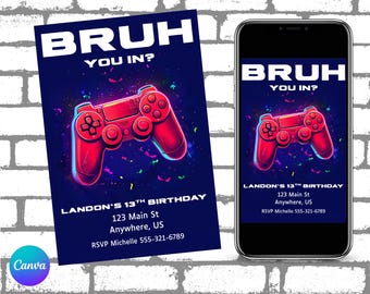 Bruh You In Gaming Geburtstagseinladung | Neon Game Controller | Tween Teen Boy Party | Bearbeitbare Canva Vorlage | Jedes Alter Digital einladen