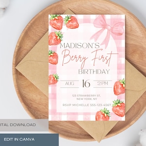 Berry First Birthday Invitation | Strawberry Party | Pink Gingham Girl 1st Birthday | Editable Canva Template | Berry Sweet Digital Invite