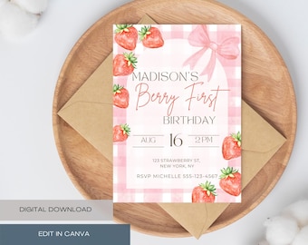 Berry First Birthday Invitation | Strawberry Party | Pink Gingham Girl 1st Birthday | Editable Canva Template | Berry Sweet Digital Invite