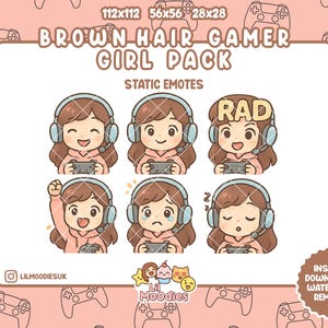 Girl Gamer (BROWN HAIR) Emote Pack | TikTok Emote - Discord Emote - Twitch Emote - For Streamers - PNG - Instant Download - Transparent