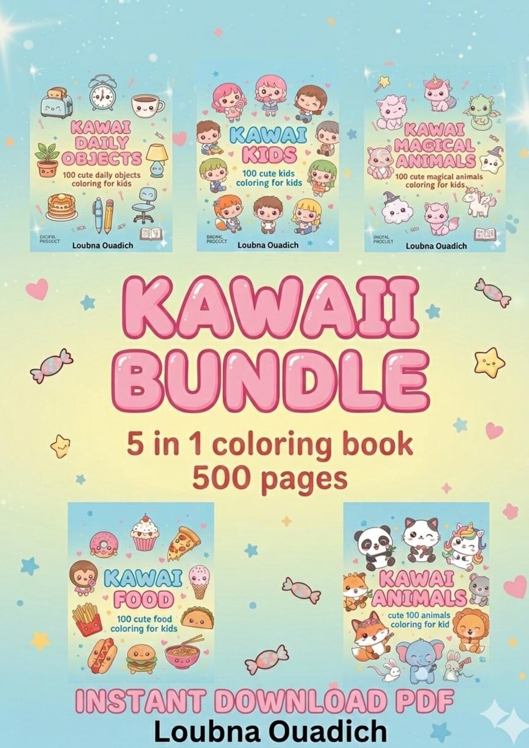 Kawaii Coloring Book Bundle for Kids 500 Printable Pages 5 Books ...