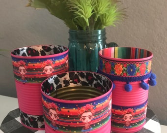 FRIDA Inspired Cans, Serape Cans, Serape Print, Frida Kahlo, Mexican Party, Fiesta Decorations, Fiesta Decor, Recycled Cans, Serape Party
