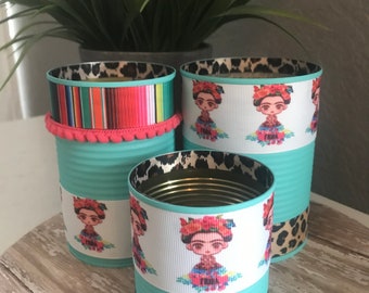 FRIDA Inspired Cans, Frida Kahlo, Serape Print, Mexican Party, Fiesta Decorations, Fiesta Decor, Recycled Cans, Serape Party