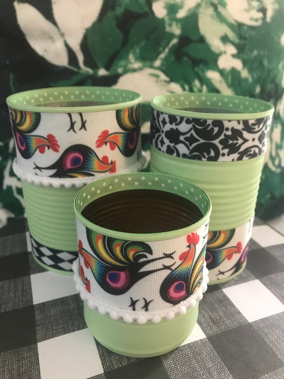 RECYCLED CANS, Kitchen Decor, Rooster Decoration, Folklorico Party, Mexican Party, Fiesta Decor, Decorative Cans, Kitchen Planter Il_570xn