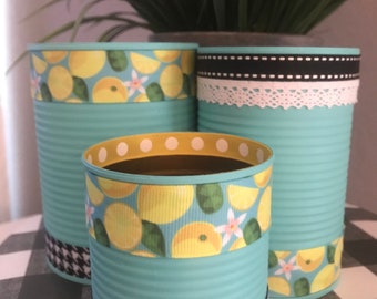 RECYCLED CANS, Lemon Decor, Kitchen Decor, Kitchen storage, Farmhouse Cans, Lemon Ribbon, Kitchen Storage, Kitchen Planter