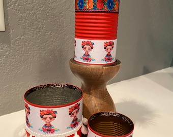 FRIDA Inspired Cans, Frida Kahlo, Serape Print, Mexican Party, Fiesta Decorations, Fiesta Decor, Recycled Cans, Serape Party