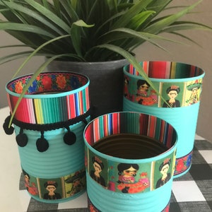 FRIDA Inspired Cans, Frida Kahlo, Serape Print, Mexican Party, Fiesta Decorations, Fiesta Decor, Recycled Cans, Serape Party image 4