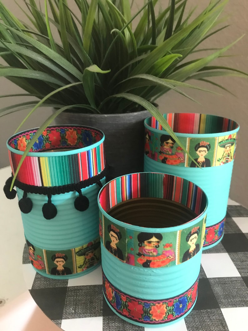 FRIDA Inspired Cans, Frida Kahlo, Serape Print, Mexican Party, Fiesta Decorations, Fiesta Decor, Recycled Cans, Serape Party image 4