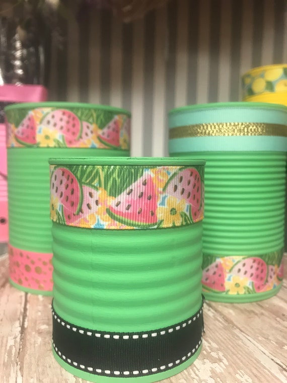 Watermelon Cans, Tin Cans, Watermelon party, Outdoor party, Desk set, Pencil holder, Recycled Cans, Watermelon Decor, Il_570xn