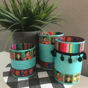 FRIDA Inspired Cans, Frida Kahlo, Serape Print, Mexican Party, Fiesta Decorations, Fiesta Decor, Recycled Cans, Serape Party image 2