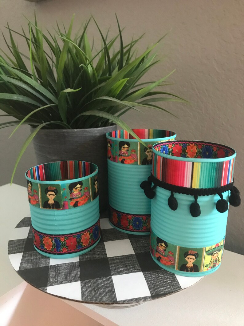 FRIDA Inspired Cans, Frida Kahlo, Serape Print, Mexican Party, Fiesta Decorations, Fiesta Decor, Recycled Cans, Serape Party image 2