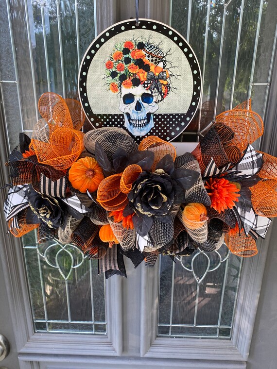 Halloween Decor, Skull Decor, Halloween Wreath, Halloween Rail, Fall Wreath, Fall Decor, Fall Mesh Wreath, Door Decor, Fall Decoration Il_570xn