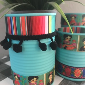 FRIDA Inspired Cans, Frida Kahlo, Serape Print, Mexican Party, Fiesta Decorations, Fiesta Decor, Recycled Cans, Serape Party image 3