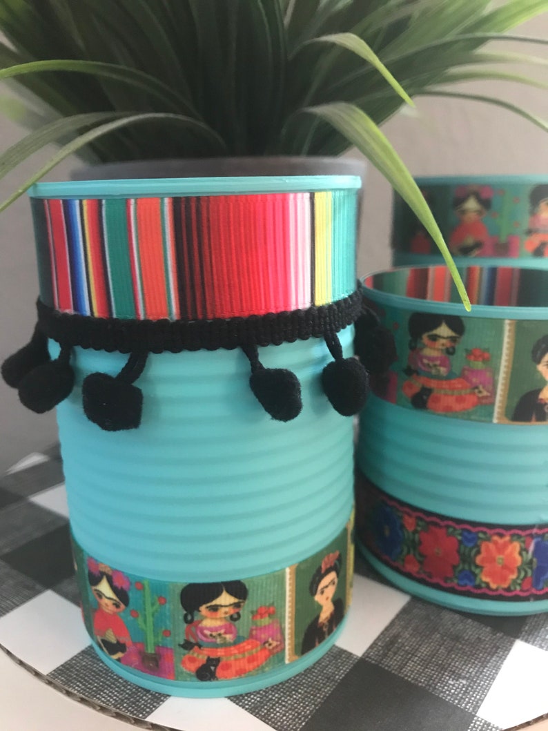 FRIDA Inspired Cans, Frida Kahlo, Serape Print, Mexican Party, Fiesta Decorations, Fiesta Decor, Recycled Cans, Serape Party image 3