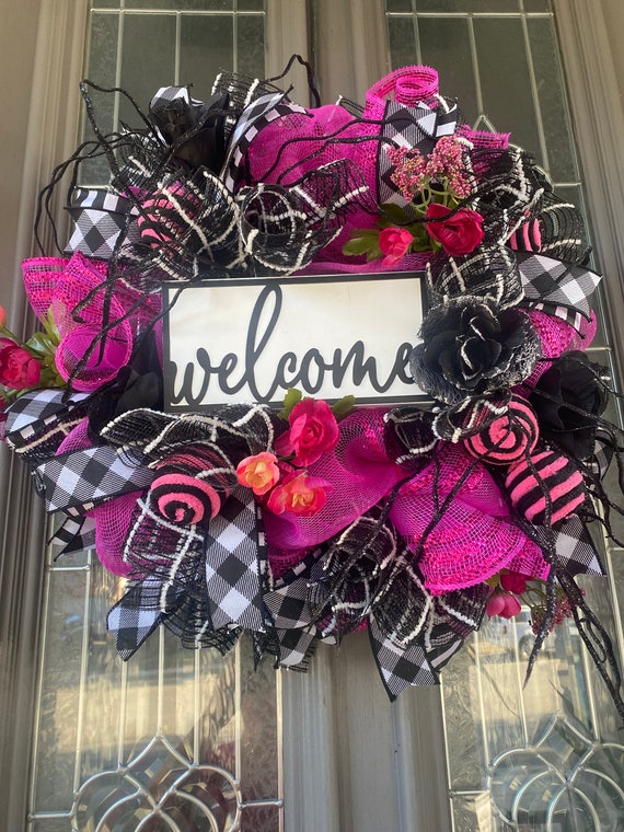 Spring Mesh Wreath, Welcome Wreath, Pink and Black Mesh Wreath, Door Decor, Deco Wreath, Summer Wreath Il_570xn