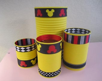 MICKEY MOUSE CANS, Recycled Cans, Mickey Party, Mickey Mouse, Baby Shower, Party Decorations, Mickey Baby Shower, Mickey Birthday Decor