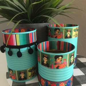 FRIDA Inspired Cans, Frida Kahlo, Serape Print, Mexican Party, Fiesta Decorations, Fiesta Decor, Recycled Cans, Serape Party image 1