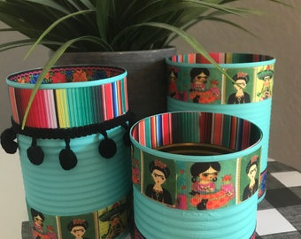 FRIDA Inspired Cans, Frida Kahlo, Serape Print, Mexican Party, Fiesta Decorations, Fiesta Decor, Recycled Cans, Serape Party