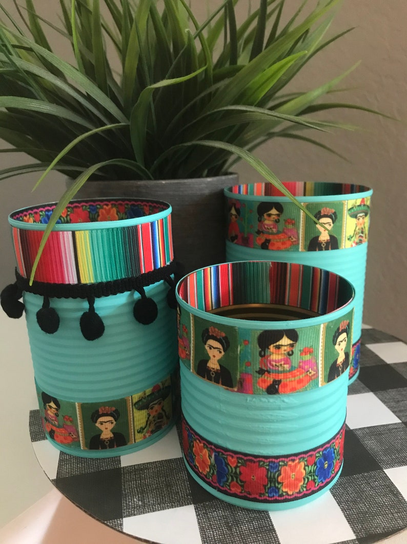 FRIDA Inspired Cans, Frida Kahlo, Serape Print, Mexican Party, Fiesta Decorations, Fiesta Decor, Recycled Cans, Serape Party image 1