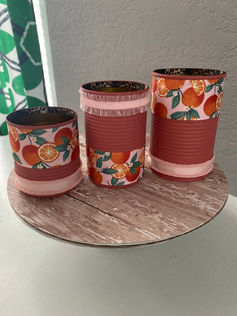 Recycled Cans, Tin Cans, Decorative Cans, Kitchen Cans, Kitchen storage, Orange Decor, Upcycled Cans image 2