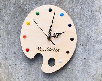 CUSTOM Art Clock- Art Palette Painting Clock  Engraved with name or phrase of your choice - Artist Gift - Art Teacher Gift- FREE SHIPPING!