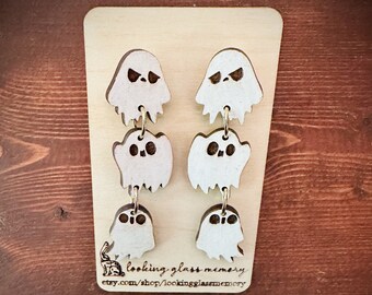 Folk Art 3 Ghosts Dangle Earrings- Hand Painted Earrings -  Cute Ghost Earrings - Funny Halloween Dangle Earrings