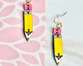 Mini Wooden Pencil Dangle Earrings - Teacher Dangle Earrings - Cute Teacher Gift - Fun Teacher Earrings
