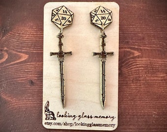 D20 Long Sword Earrings - DND dangle earrings - Role Play Earrings - Gamer Earrings