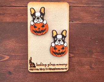 Pumpkin French Bulldog Studs - Halloween Dog Earrings - Funny Halloween Earrings - Fun Halloween Jewelry