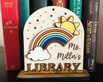 Rainbow and Sun Bookshelf Sign – Custom Children's Wooden Book Nook Decor, Handcrafted Elementary Teacher Gift, Reading Teacher Library Gift