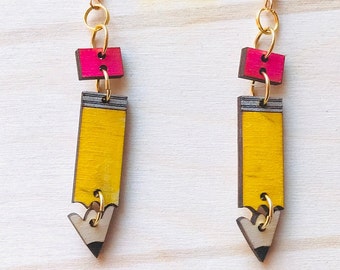 Mini Wooden Pencil Dangle Earrings - Teacher Dangle Earrings - Cute Teacher Gift - Fun Teacher Earrings