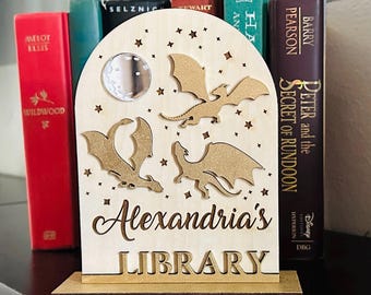 Dragon Bookshelf Sign – Custom Fantasy Wooden Book Nook Decor | Handcrafted Dragon Lover Gift | Mystical Library Shelf Accent