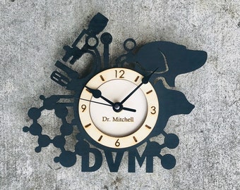 CUSTOM Vet Clock-  Engraved DVM Veterinarian Gift with name /phrase - Animal Clinic Gift -  Animal Hospital - Vet Tech Gift- FREE Shipping!