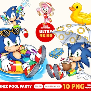 Sonic Pool Party Clipart, Summer Sonic PNG Bundle, Editable Kids Party Graphics Sonic Water Fun For Birthday Party Wall Art Nursery Decor