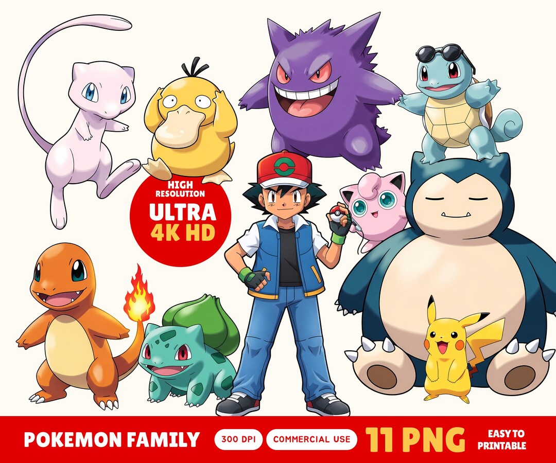 Pokemon Clipart Family, Ash Ketchum PNG Bundle Pikachu Squirtle ...