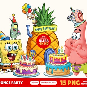 Spongebob PNG Birthday Patrick Squidward Sandy Mr Krabs Gary Pineapple House PNG Digital Download For Birthday Party Wall Art Nursery Decor