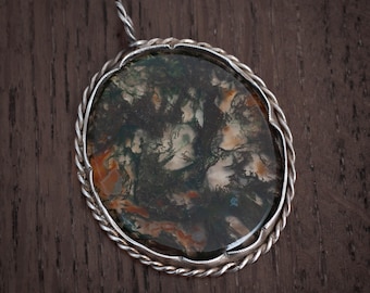 Antique Moss Agate Sterling Silver Pendant - Rope Twist Setting, 1900s