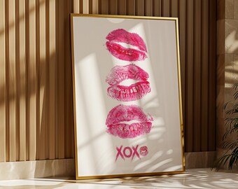 Pink Lips Wall Art, XOXO Kisses Print, Bold Lips Poster, Trendy Coquette Wall Decor, Girly Digital, Retro Funky Aesthetic, Pop Art Poster