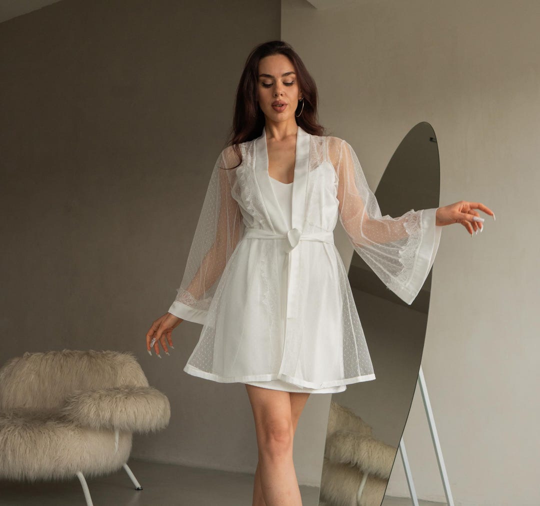 Silk Bridal Robe and Nightgown Set, Lace Wedding Robe, Lace Nightgown ...