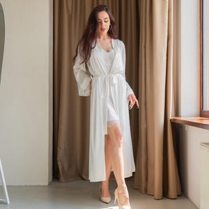 White Bride Robe and Nightgown Set - Sheer Bride Robe and Sexy Short Nightie with Lace - Best Gift for Honeymoon - Silk Wedding Set