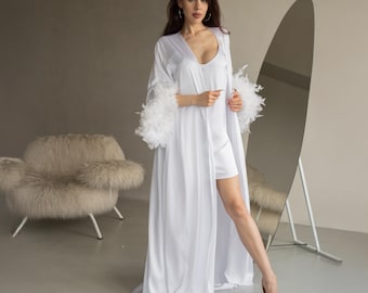 Floor Length Silk Kimono Robe with Feathers, Wide Sleeve Long White Silk Robe, Sheer Silk Robe and Nightgown Set, Bridal Robe