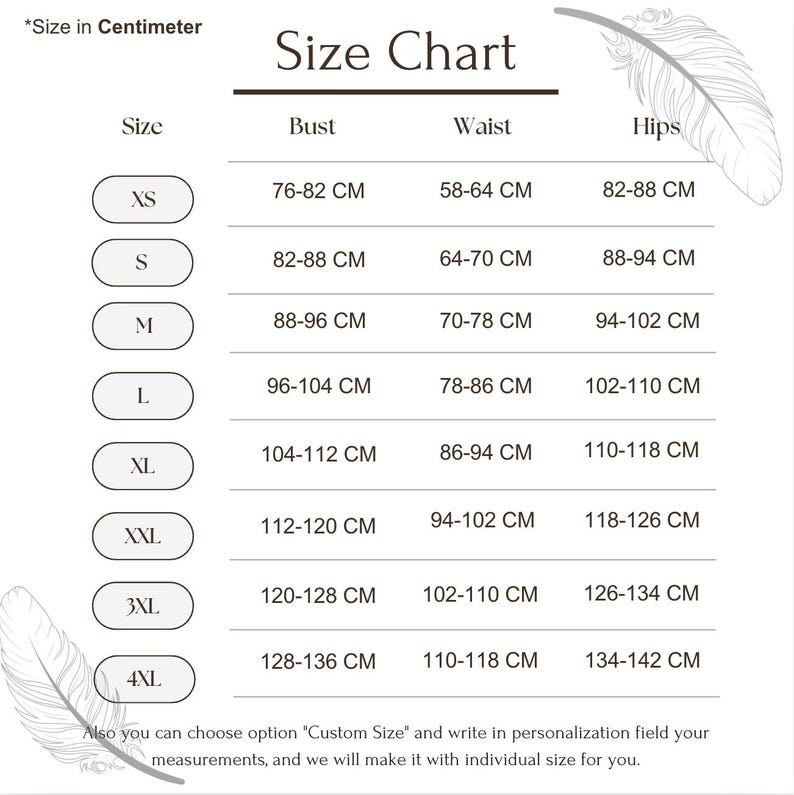 Op de afbeelding: Een maattabel in centimeters met borst-, taille- en heupmaten voor maten XS tot 4XL. De maten vari&euml;ren van 76-82 cm borst voor XS tot 134-142 cm heupen voor 4XL. De tekst vermeldt ook aangepaste maten.