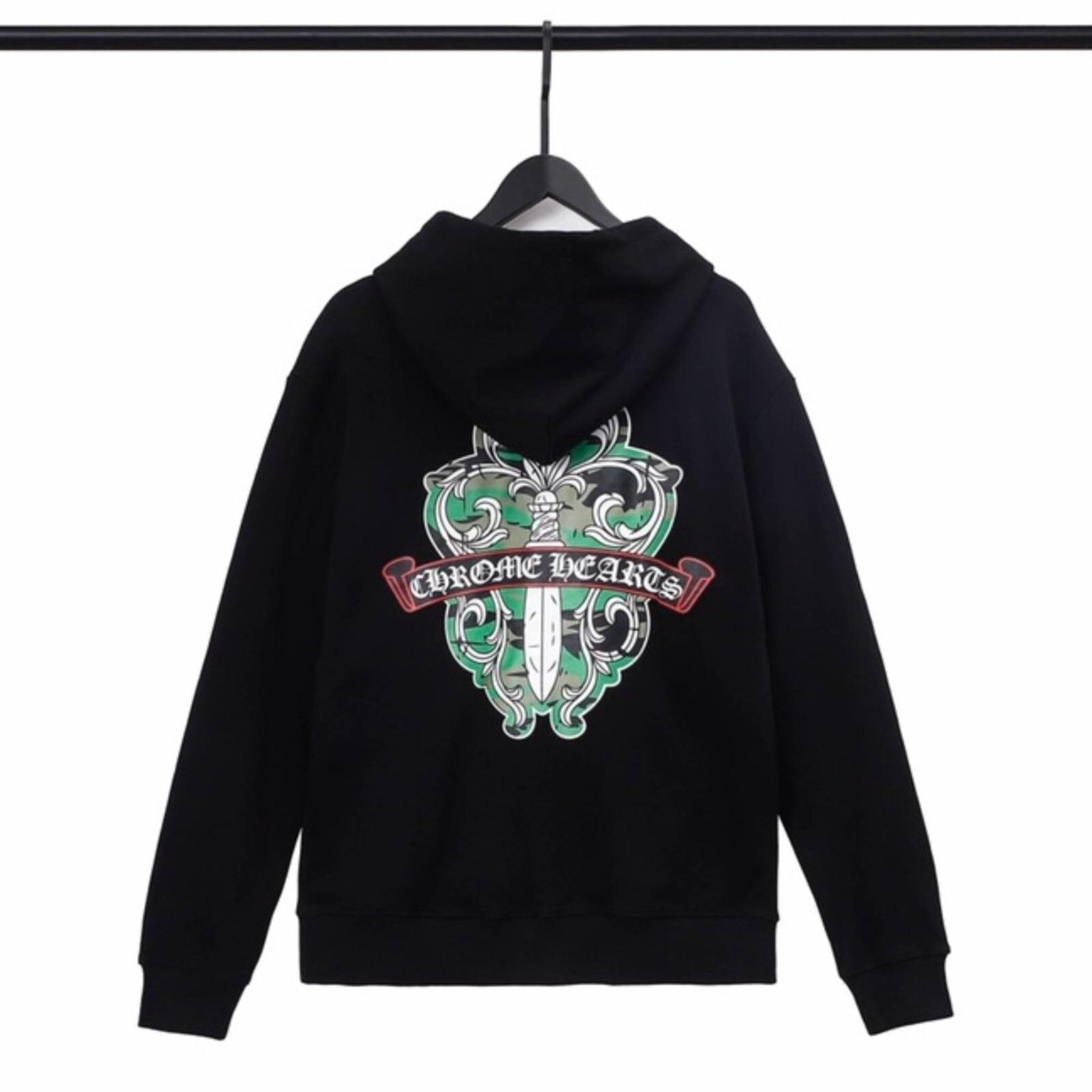 Gothic Sword Cross Zip Up Hoodie Unisex Streetwear Hoodie with Green Tribal Graphic