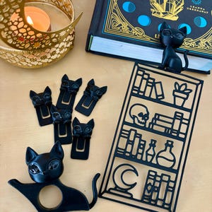 Black Cat Reading Kit | Cat Bookmark Set | Book Lover Gift | Gothic Reading Accessories | Page Holder & Book Clips